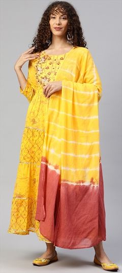 Festive, Party Wear Yellow color Kurti in Cotton fabric with Anarkali, Long Sleeve Embroidered, Gota Patti, Printed, Resham, Thread, Zari work : 1835193