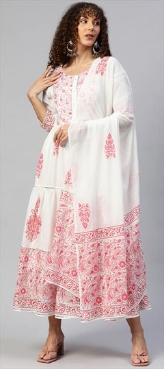 Party Wear White and Off White color Kurti in Cotton fabric with Anarkali, Long Sleeve Floral, Gota Patti, Printed, Thread, Zari work : 1835197