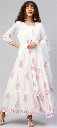 Party Wear White and Off White color Kurti in Cotton fabric with Anarkali, Long Sleeve Floral, Printed, Sequence, Thread, Zari work : 1835199