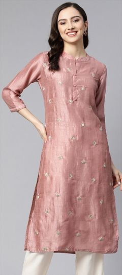 Casual Beige and Brown color Kurti in Cotton fabric with Long Sleeve, Straight Embroidered, Resham, Thread work : 1835244