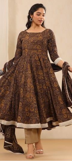 Casual, Festive Beige and Brown color Salwar Kameez in Cotton fabric with Anarkali Lace, Printed work : 1835384