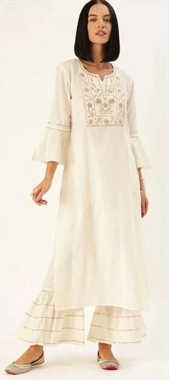 Party Wear White and Off White color Tunic with Bottom in Rayon fabric with Embroidered, Gota Patti work : 1835499