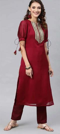 Party Wear Red and Maroon color Tunic with Bottom in Chanderi Silk fabric with Embroidered, Thread work : 1835500