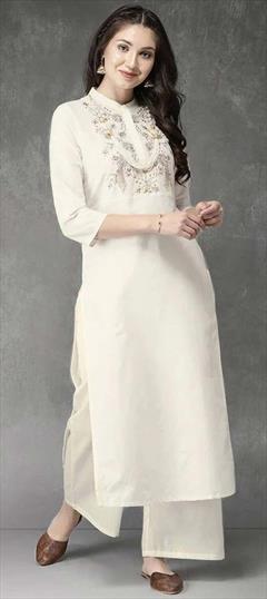 Party Wear White and Off White color Tunic with Bottom in Rayon fabric with Embroidered, Thread work : 1835501