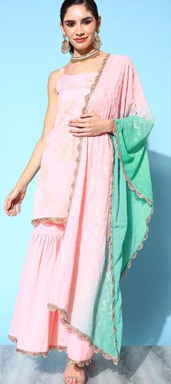 Party Wear, Reception Pink and Majenta color Salwar Kameez in Crepe Silk fabric with Sharara Lace work : 1835534