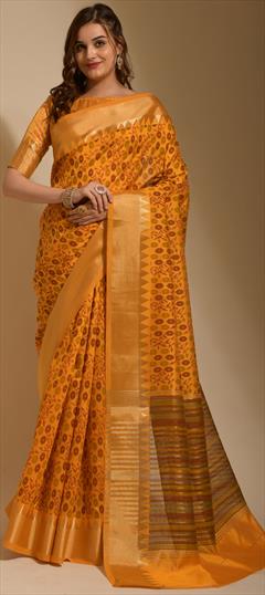 Festive, Reception, Wedding Yellow color Saree in Art Silk fabric with Classic Printed, Weaving work : 1835548