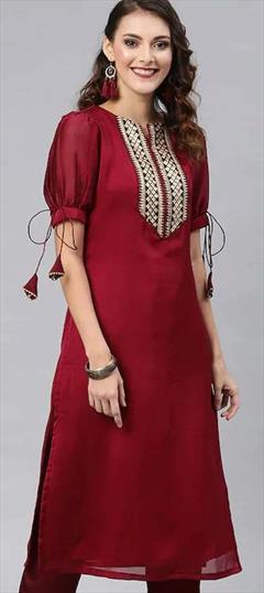 Designer Red and Maroon color Kurti in Chanderi Silk fabric with Long Sleeve, Straight Embroidered, Thread work : 1835558