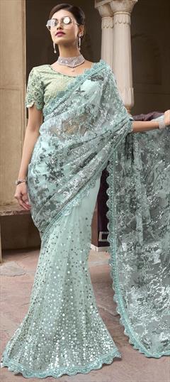 Engagement, Reception, Wedding Blue color Saree in Net fabric with Classic Sequence work : 1835641