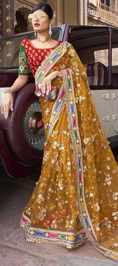 Engagement, Reception, Wedding Gold color Saree in Net fabric with Classic Border, Embroidered, Sequence, Thread work : 1835651
