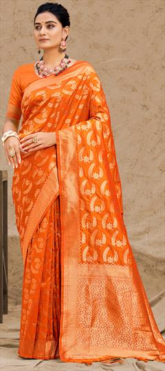 Traditional Orange color Saree in Art Silk, Silk fabric with South Weaving work : 1835795