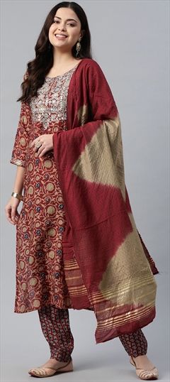 Party Wear Red and Maroon color Salwar Kameez in Muslin fabric with Straight Embroidered, Floral, Printed, Sequence, Thread, Zari work : 1835846
