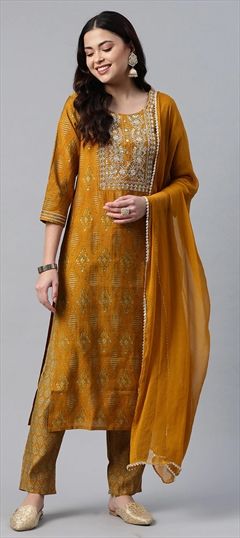 Party Wear Yellow color Salwar Kameez in Muslin fabric with Straight Embroidered, Printed, Sequence, Thread, Zari work : 1835866