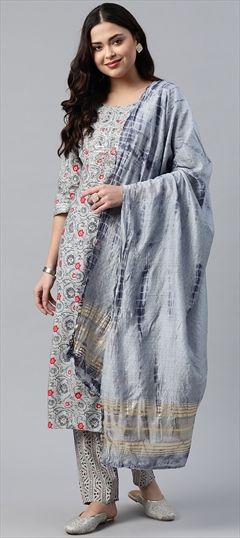 Party Wear Black and Grey color Salwar Kameez in Muslin fabric with Straight Embroidered, Printed, Resham, Sequence, Thread, Zari work : 1835878