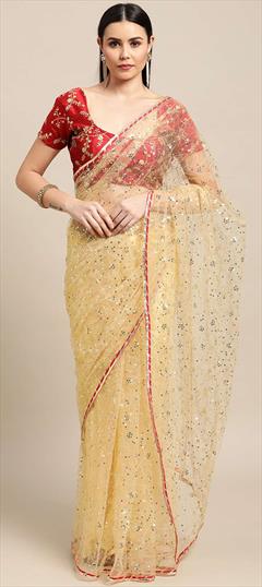 Party Wear, Reception Yellow color Saree in Net fabric with Classic Sequence work : 1836087