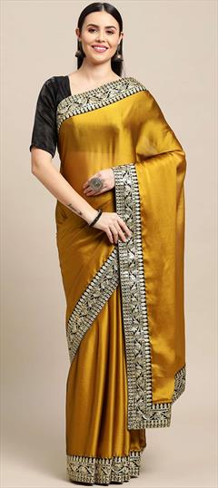 Reception, Traditional Yellow color Saree in Satin Silk, Silk fabric with South Embroidered, Lace work : 1836090