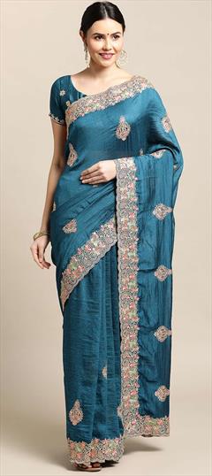 Reception, Traditional Blue color Saree in Art Silk, Silk fabric with South Embroidered work : 1836099
