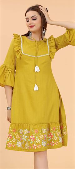 Party Wear Yellow color Dress in Rayon fabric with Trendy Embroidered, Resham, Thread work : 1836146