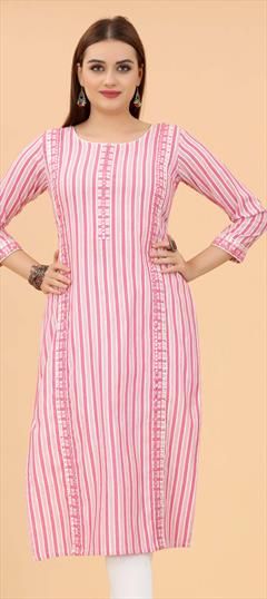 Casual Pink and Majenta color Kurti in Cotton fabric with Straight Embroidered, Mirror, Printed work : 1836154