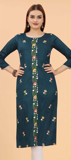 Casual Blue color Kurti in Cotton fabric with Straight Embroidered, Printed work : 1836156