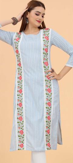Casual Blue color Kurti in Cotton fabric with Straight Embroidered, Printed work : 1836157