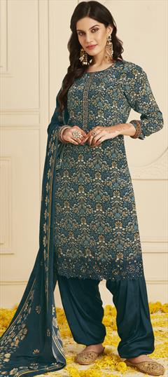 Festive, Party Wear, Reception Blue color Salwar Kameez in Crepe Silk fabric with Patiala, Straight Embroidered, Printed, Resham, Sequence work : 1836196