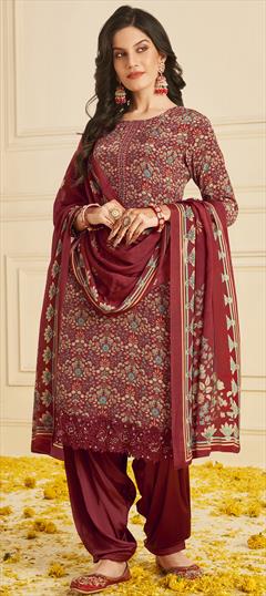 Festive, Party Wear, Reception Red and Maroon color Salwar Kameez in Crepe Silk fabric with Patiala, Straight Embroidered, Printed, Resham, Sequence work : 1836199