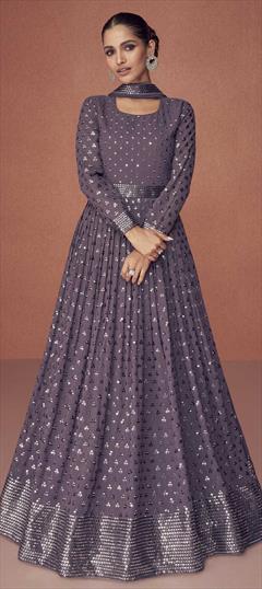 Mehendi Sangeet, Reception Purple and Violet color Salwar Kameez in Georgette fabric with Anarkali Embroidered, Resham, Sequence, Thread work : 1836200