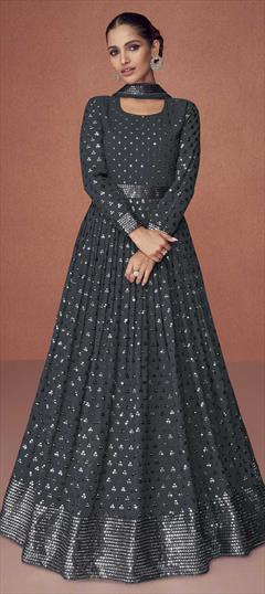 Mehendi Sangeet, Reception Black and Grey color Salwar Kameez in Georgette fabric with Anarkali Embroidered, Resham, Sequence, Thread work : 1836201