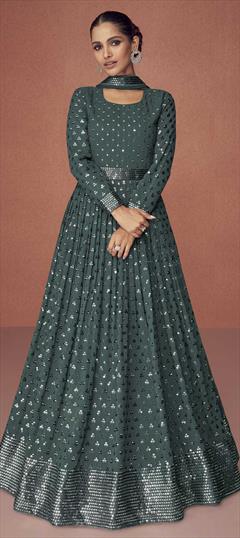 Mehendi Sangeet, Reception Green color Salwar Kameez in Georgette fabric with Anarkali Embroidered, Resham, Sequence, Thread work : 1836205
