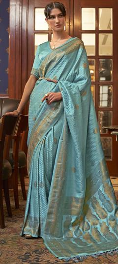 Bridal, Reception, Wedding Blue color Saree in Silk fabric with South Weaving, Zari work : 1836292