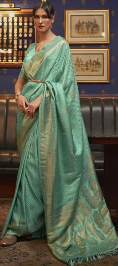 Bridal, Reception, Wedding Green color Saree in Silk fabric with South Weaving, Zari work : 1836294