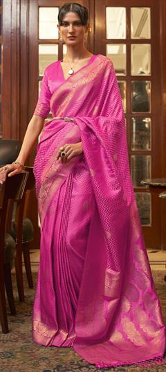 Bridal, Reception, Wedding Pink and Majenta color Saree in Silk fabric with South Weaving, Zari work : 1836295