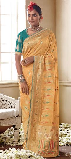 Traditional, Wedding Orange color Saree in Silk fabric with South Resham, Weaving, Zari work : 1836320