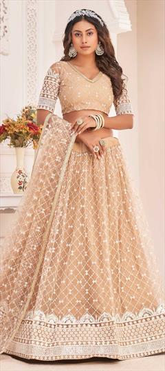 Engagement, Reception, Wedding Beige and Brown color Lehenga in Net fabric with A Line Embroidered, Sequence, Thread work : 1836323