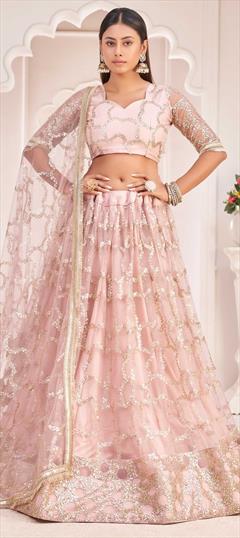 Engagement, Reception, Wedding Pink and Majenta color Lehenga in Net fabric with A Line Embroidered, Sequence, Thread work : 1836327