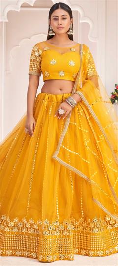 Engagement, Reception, Wedding Yellow color Lehenga in Net fabric with A Line Embroidered, Sequence, Thread work : 1836328