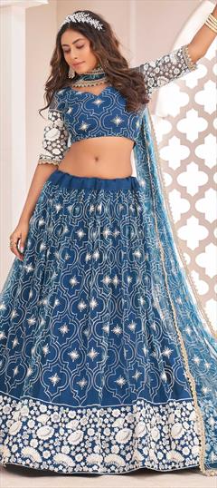 Engagement, Reception, Wedding Blue color Lehenga in Net fabric with A Line Embroidered, Sequence, Thread work : 1836329