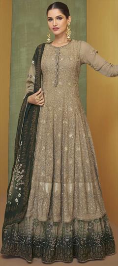 Mehendi Sangeet, Party Wear, Reception Beige and Brown color Salwar Kameez in Georgette fabric with Anarkali, Churidar Embroidered, Sequence, Thread work : 1836367