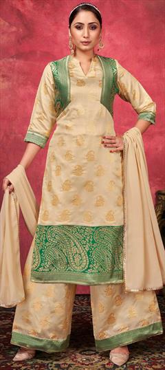 Festive, Party Wear Beige and Brown color Salwar Kameez in Art Silk fabric with Palazzo Weaving work : 1836380