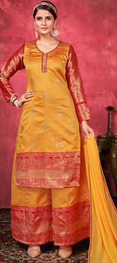 Festive, Party Wear Yellow color Salwar Kameez in Art Silk fabric with Palazzo Weaving work : 1836381
