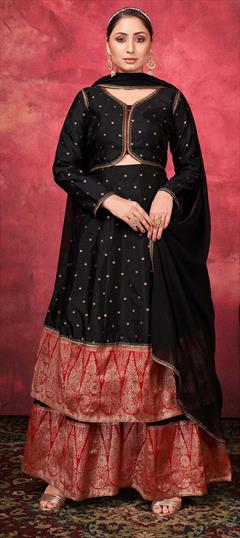 Festive, Party Wear Black and Grey color Salwar Kameez in Art Silk fabric with Palazzo Weaving work : 1836382
