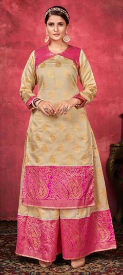 Festive, Party Wear Beige and Brown color Salwar Kameez in Art Silk fabric with Palazzo Weaving work : 1836384
