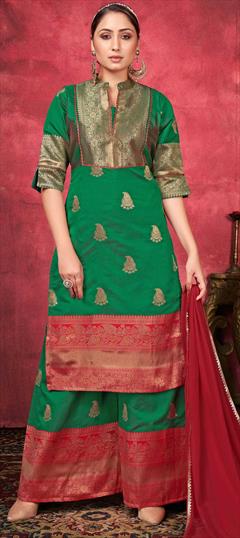 Festive, Party Wear Green color Salwar Kameez in Art Silk fabric with Palazzo Weaving work : 1836386