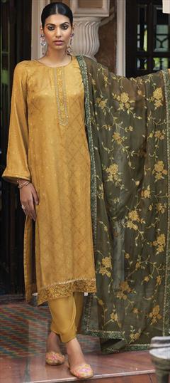 Festive, Party Wear, Reception Gold color Salwar Kameez in Jacquard fabric with Straight Cut Dana, Resham, Thread, Weaving, Zari work : 1836406