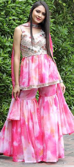 Designer, Reception Pink and Majenta color Salwar Kameez in Georgette fabric with Sharara Digital Print, Embroidered, Resham, Sequence, Thread, Zari work : 1836543