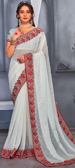 Mehendi Sangeet, Party Wear, Reception White and Off White color Saree in Georgette fabric with Classic Embroidered, Resham, Thread work : 1836554