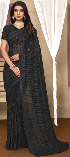 Mehendi Sangeet, Party Wear, Reception Black and Grey color Saree in Georgette fabric with Classic Embroidered, Resham, Swarovski, Thread work : 1836569