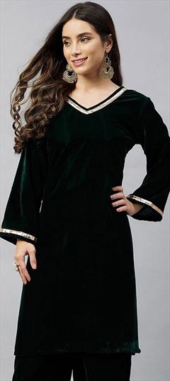 Party Wear Black and Grey color Kurti in Velvet fabric with Long Sleeve, Straight Gota Patti work : 1836580