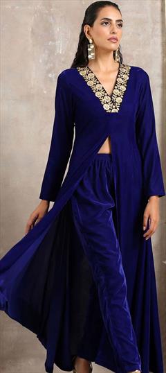 Party Wear Blue color Kurti in Velvet fabric with Long Sleeve, Slits Embroidered work : 1836585