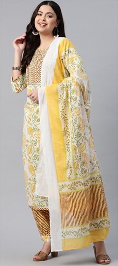 Casual, Party Wear White and Off White, Yellow color Salwar Kameez in Cotton fabric with Straight Embroidered, Patch, Printed, Thread, Zari work : 1836622